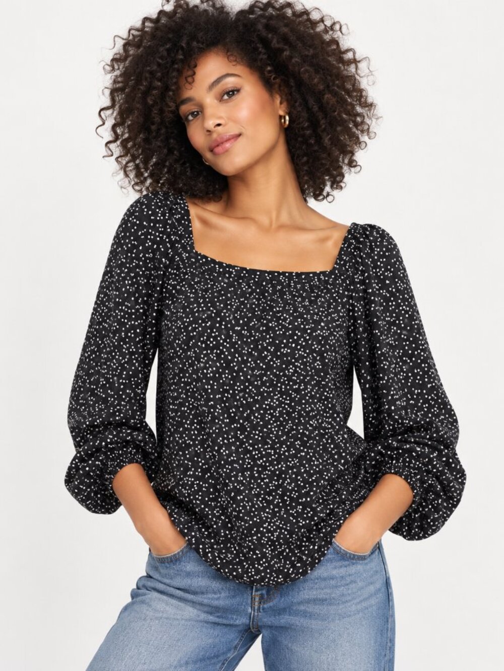 GAP Black White Square Neck Bishop Sleeve Blouse Printed Size XL